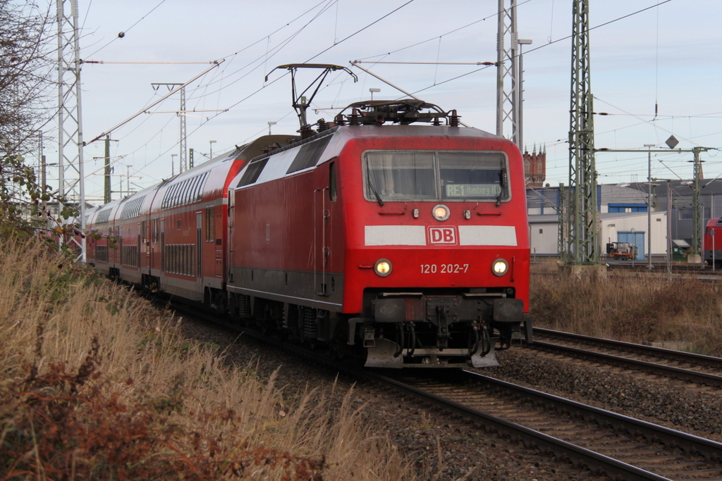 Die Hoffnung auf ein Stier war am 20.11.2016 dahin als 120 202-7 mit RE 4308 von Rostock Hbf nach Hamburg Hbf aus dem Rostocker Hbf fuhr.