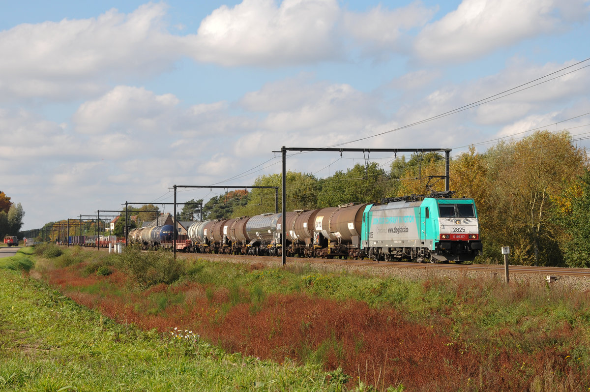 Die mit der heute nicht mehr aktuellen Eigenwerbung (blogistics heißt heute Lineas) versehene 2825 (186 217) rollt mit einem gemischten Güterzug Richtung Hasselt. Aufgenommen am 14/10/2017 in Lummen.