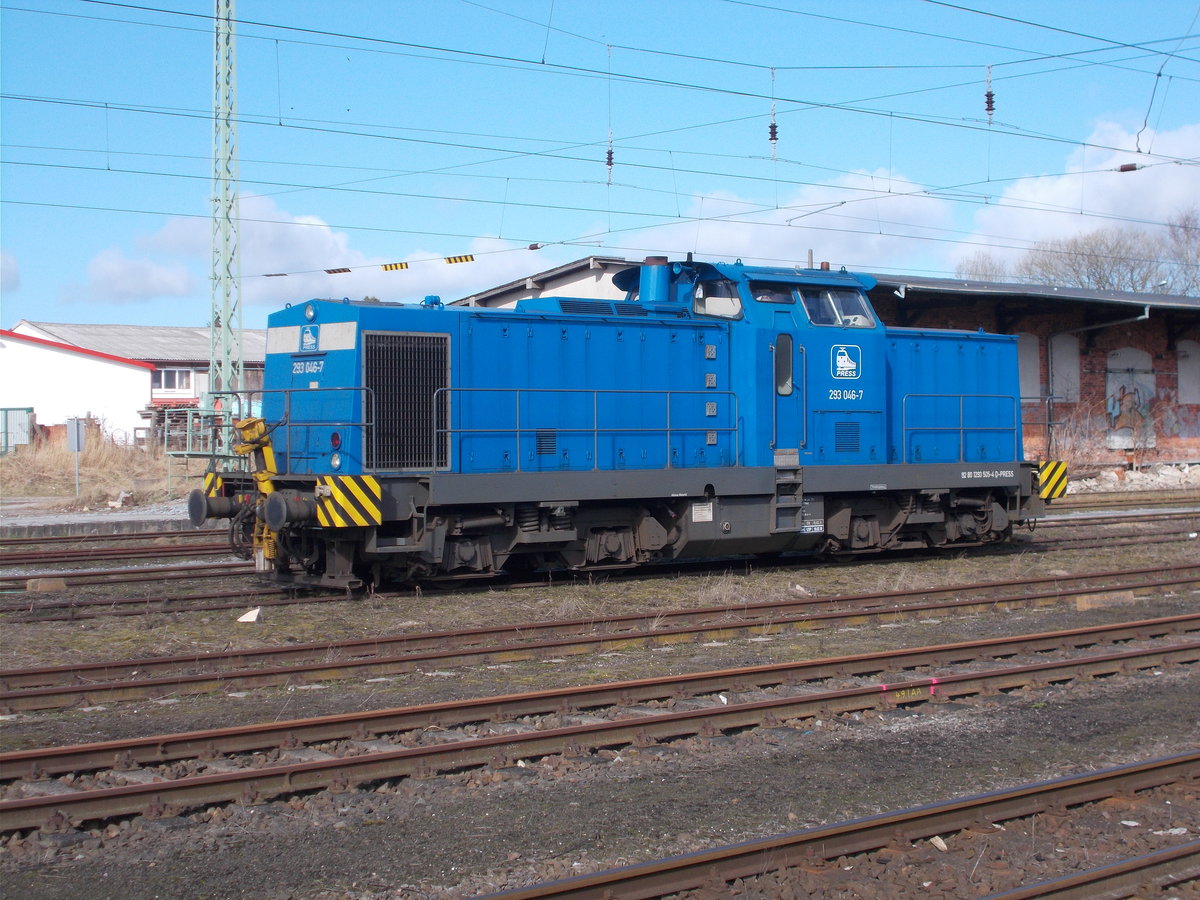 Die PRESS 293 046,am 10.März 2017,auf den Gütergleisen in Bergen/Rügen.