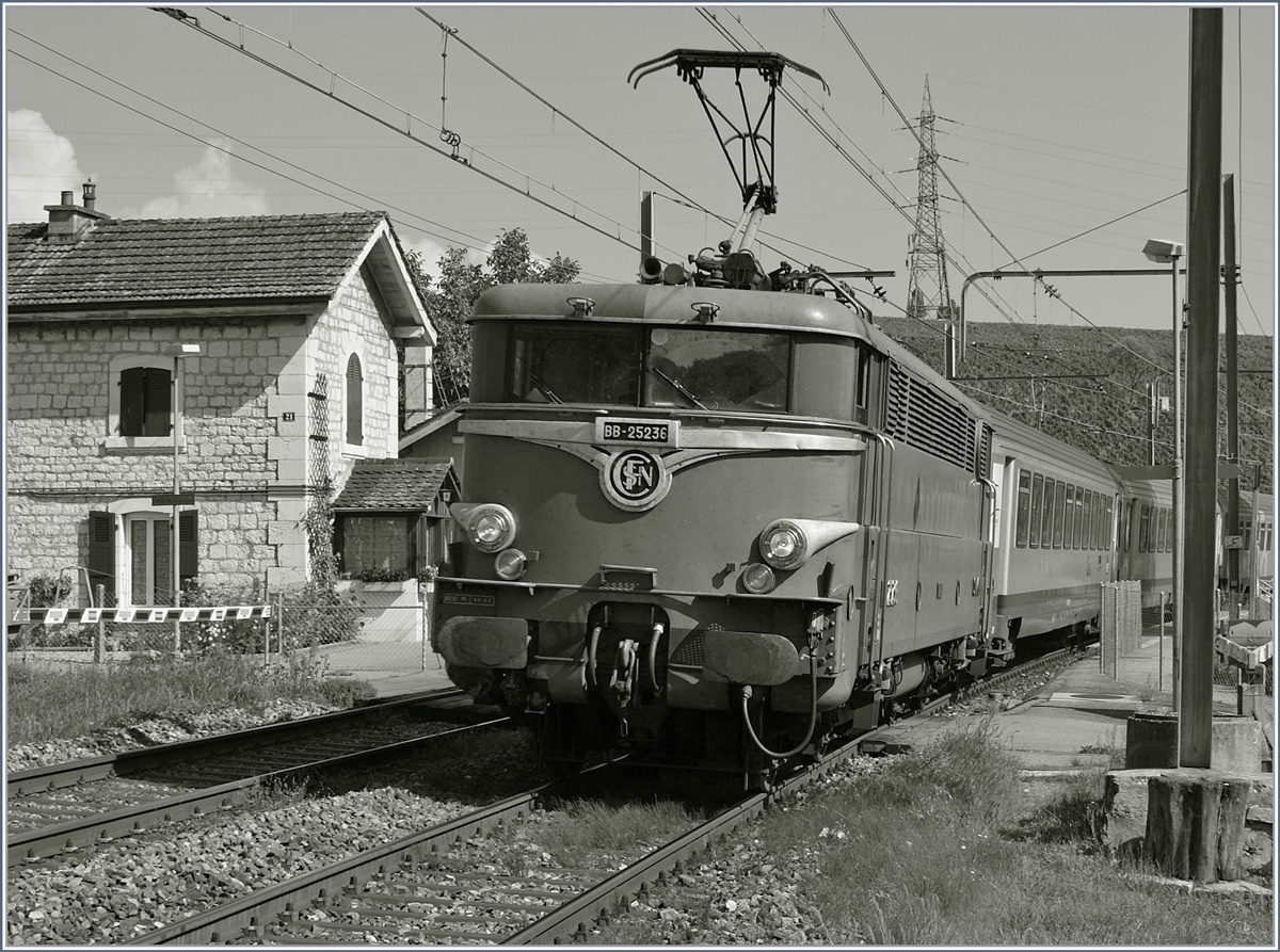 Die SNCF BB 25236 mit einem TER nach Lyon bei der Durchfahrt in Russin. 
(SW Variante eines bereits gezeigten Bildes dieser Lok).
27. August 2009