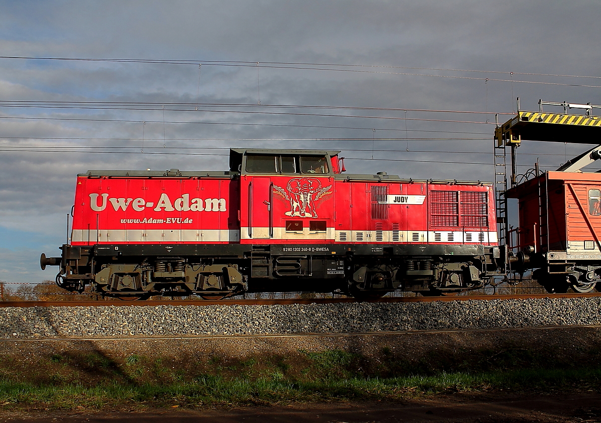 Die V 100.1 ADAM 23  Judy  (ex 202 240-8) der Uwe Adam EVU GmbH am 28.10.2013 in Nassenheide. 

Hersteller: LEW Hennigsdorf 
Baujahr: 1970 
Fabriknummer: 12522