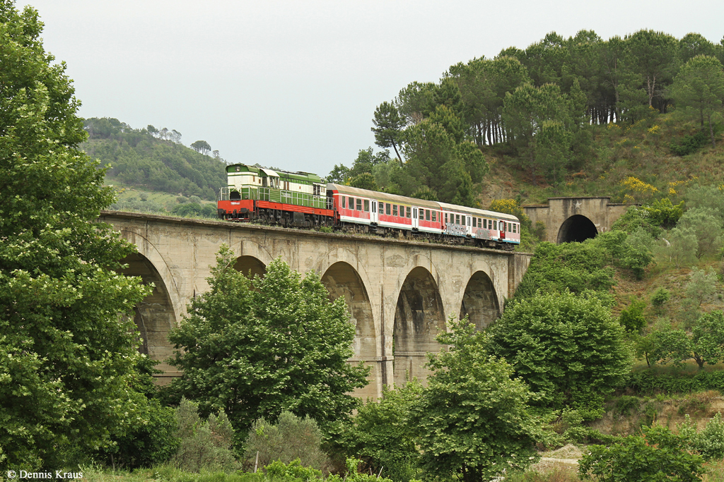 Die wenigen in Albanien noch verkehrenden Personenzügen bestehen aus „Hummeln“ aus Tschechien sowie „y-Wagen“ aus Deutschland. T669 1059 mit Personenzug am 21.05.2015 bei Peqin.