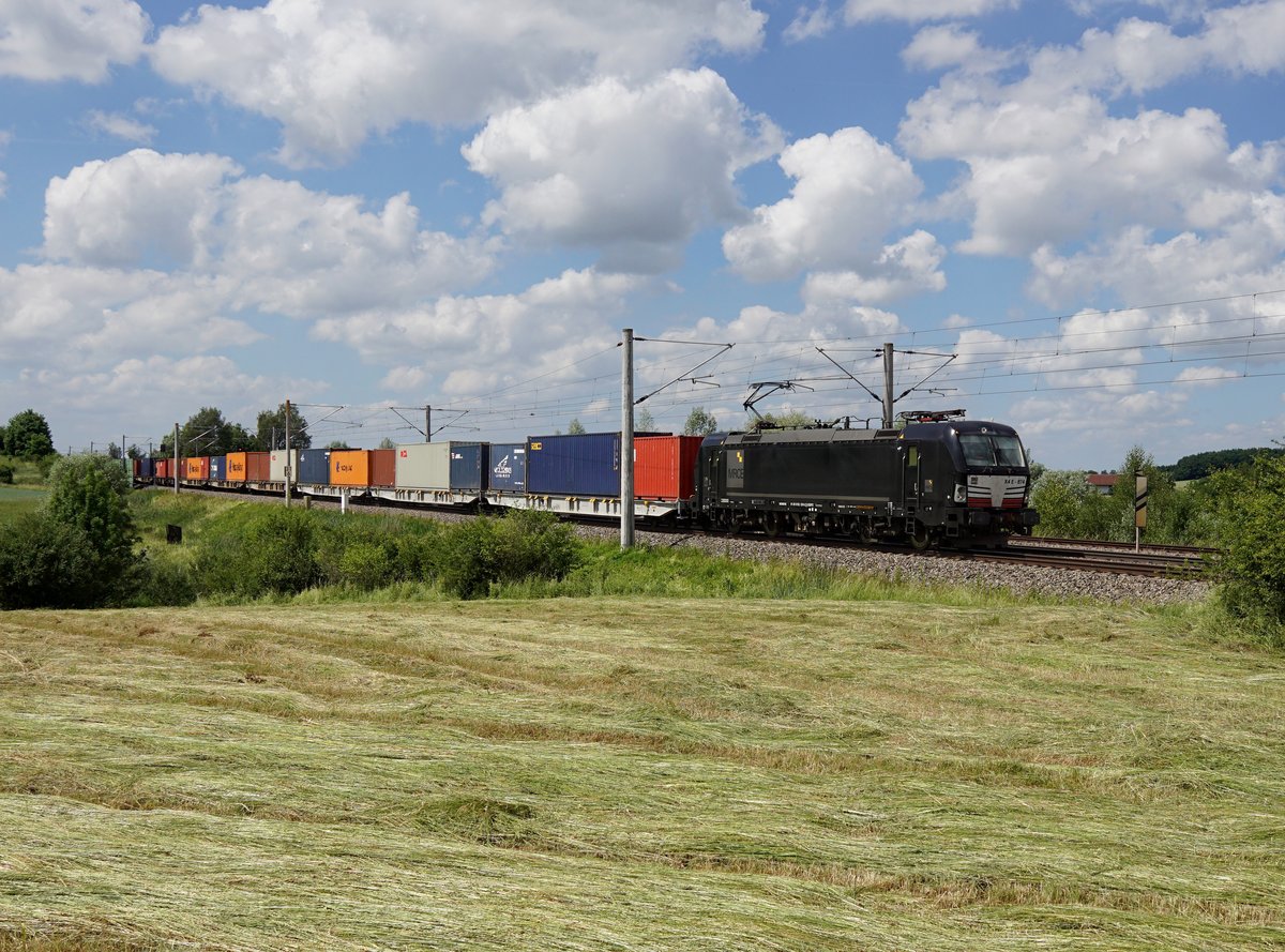 Die X 4 E-874 mit einem Containerzug am 18.06.2017 unterwegs bei Ramelsbach.