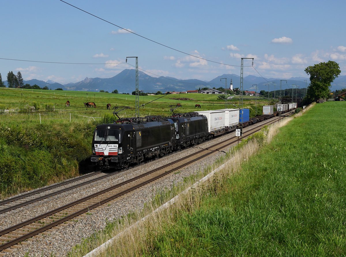 Die X4E-664 und die X4E-662 mit einem KLV-Zug am 13.07.2018 unterwegs bei Straß.