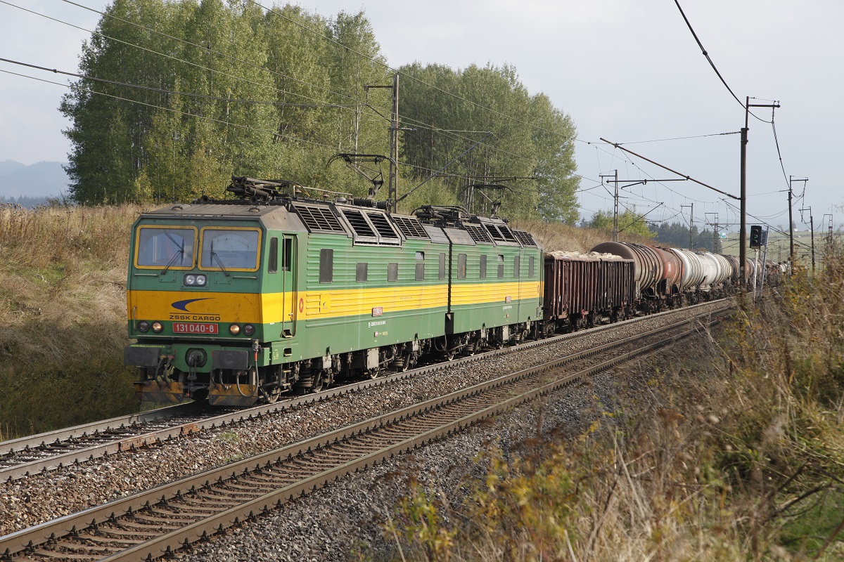 Doppellok 131 040 - 131 039 mit schweren Güterzug erreicht am 6.10.2015 in Kürze den Bahnhof Strba.