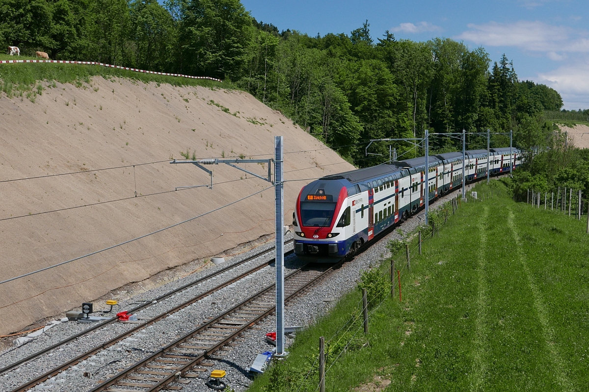 Doppelspurausbau Weinfelden-Kehlhof – Auf der Fahrt von Konstanz nach Zürich passiert RABe 511 039, am 21.05.2017 unterwegs als IR 2122, bei Unterhard das Ende bzw. den Beginn des zukünftigen, knapp 5 km langen Doppelspurabschnittes.