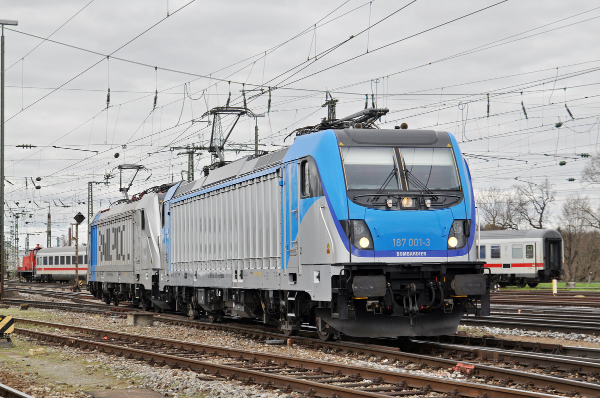 Doppeltraktion, mit den Loks 187 001-3 und 187 009-6, werden beim Badischen Bahnhof abgestellt. Die Aufnahme stammt vom 20.03.2017.