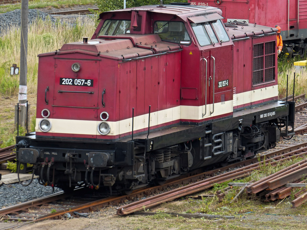 EBS (Erfurter Bahnservice) 202 057-6. Leider hat sich der Mitarbeiter bei den Mäharbeiten motivlich im Vorbau verbissen. Bahnhof Nordhausen 14.07.2015