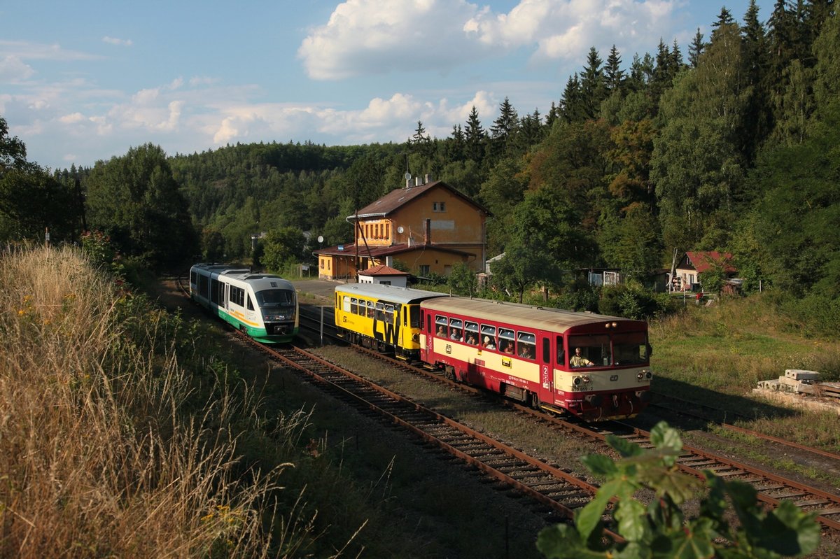  Egronet-Erkundungstour 16.-18.08.2013  Kreuzung im Bf Karlovy Vary-Březová am 17.08.2013 mit VT08 (VBG) als ZOs36088 und 810 669+Beiwagen (GW Train Regio) als MOs7111.