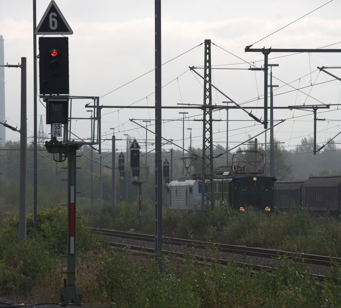 Eigentlich gibt es , wenn man auf das südöstliche Gleisvorfeld von Freiberg blickt, ausser dem üppigen Grün, wenig zu sehen, anders heute, als  E 77 10 hier rangiert. 
11.10.2014  10:33 Uhr.