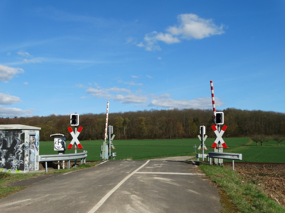 Ein Bahnübergang an der Niddertalbahn am 01.04.16