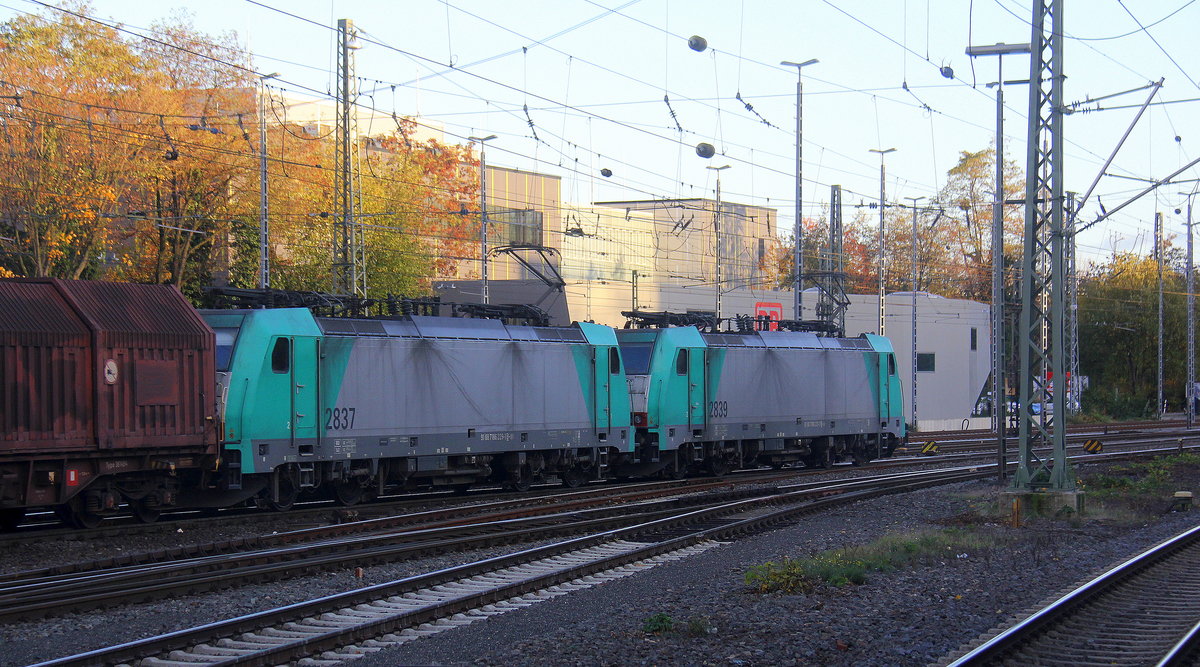 Ein Blick auf zwei Cobras 2839 und 2837 sie fuhren mit einem Güterzug aus Aachen-West nach Belgien bei der Abfahrt in Richtung Montzen/Belgien.
Aufgenommen vom Bahnsteig in Aachen-West. 
Bei schönem Herbstwetter am Nachmittag vom 13.11.2018. 