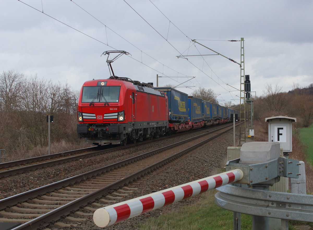 EIn KLV - LKW Walther-Aufliegerzug mit der 193 319 bei Schulpforte/Naumburg Richtung Süde. Aufgenommen am 11.03.2019