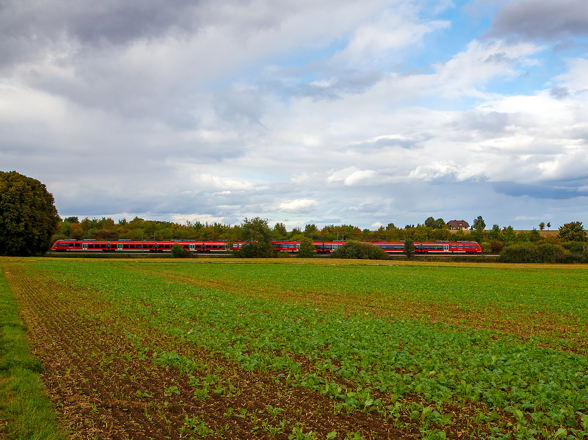 
Ein laaaanger Hamster....
Nein im Ernst, zwei gekoppelte vierteilige Bombardier Talent 2 der DB Regio, fahren am 02.10.2016  zwischen Ober- und Nieder-Mörlen als SE 30 / 40  Mittelhessen-Express  (Treysa / Dillenburg - gießen Frankfurt) in Richtung Friedberg. In Gießen wurden die Züge aus Dillenburg und  Treysa miteinander gekoppelt und fahren nun gemeinsam weiter nach Frankfurt.