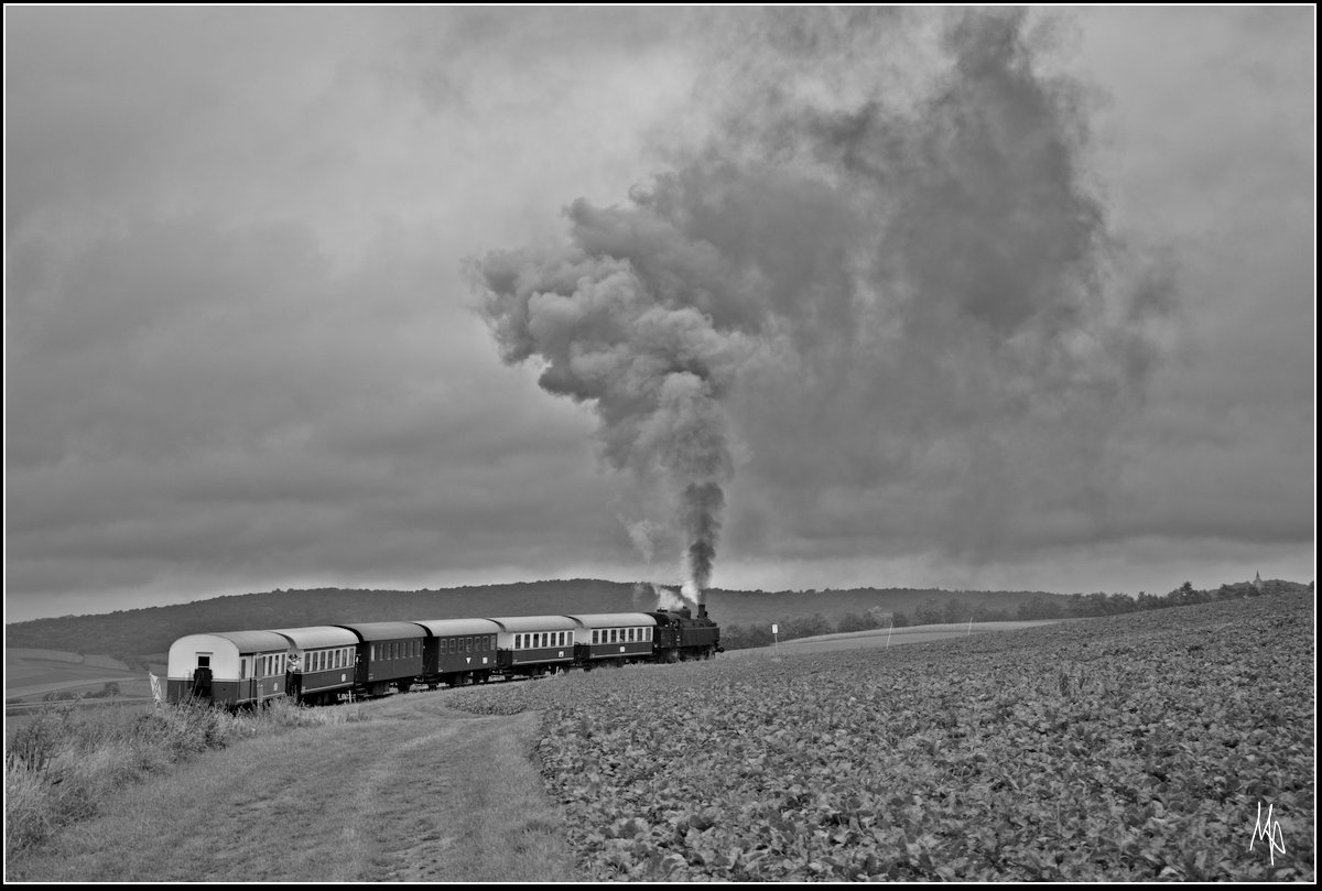 Ein Nachschuss auf der Landsbahnzug am Mollmannsdorfer Berg, der die 93.1420 mit einer mächtigen Rauchfahne zeigt. (16.09.2017)