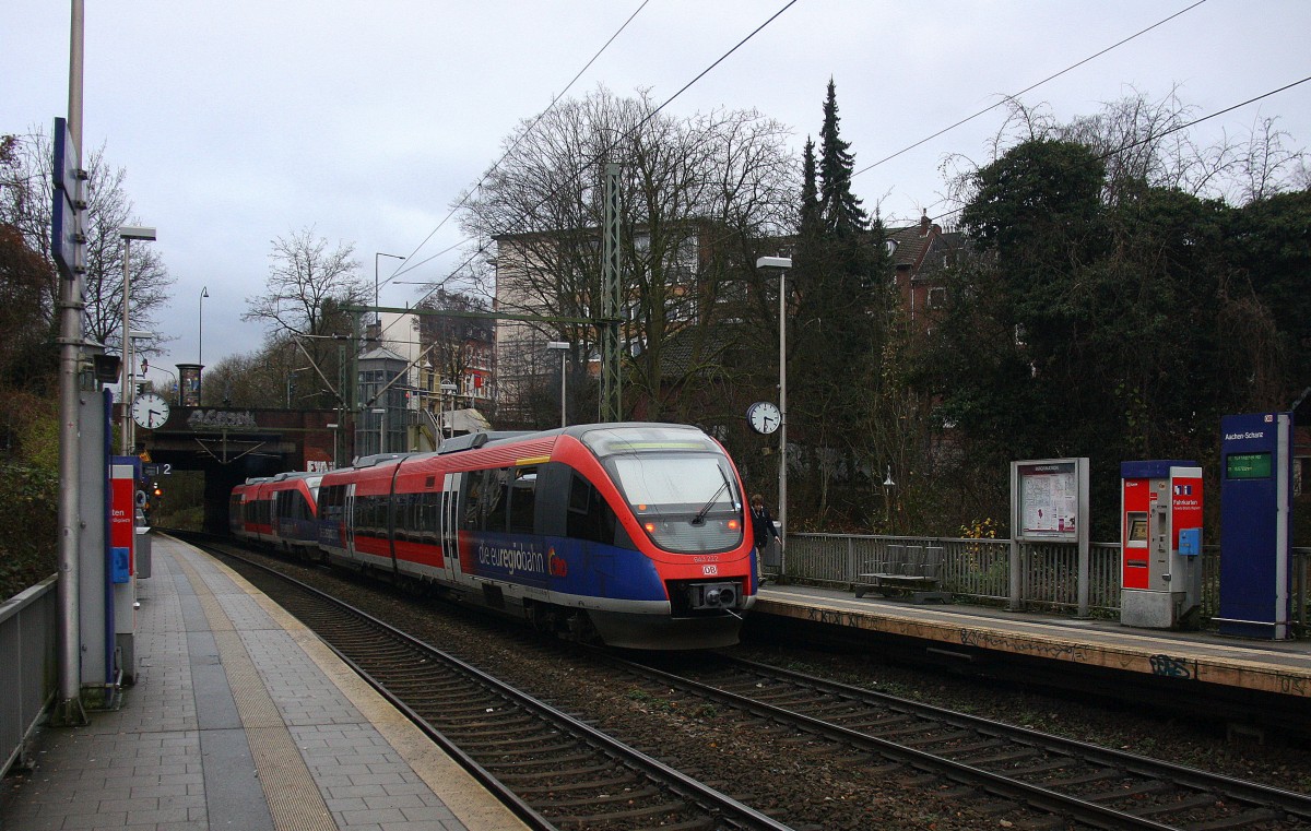 Ein Nachschuss von der Euregiobahn (RB20) aus  Heerlen(NL) nach Langerwehe aus Richtung Aachen-West und hilt in Aachen-Schanz in RichtunG Aachen-Hbf.
Bei Regenwolken am Nachmittag vom 23.12.2014.