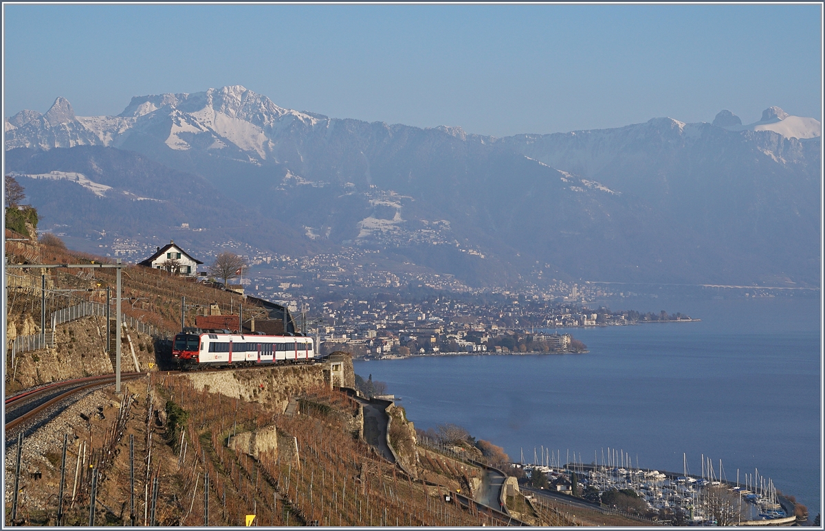 Ein SBB RBDe 560 mit B und ABt (Domino) erklimmt die recht steile Train de Vignes Strecke von Vevey nach Puidoux und ist hier oberhalb von St-Saphorin fotografiert worden. 

25. Jan. 2019