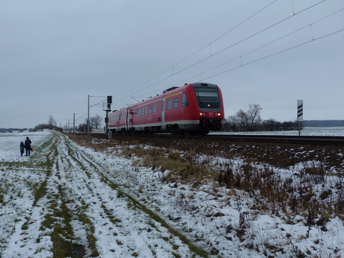Ein Zug der Linie RE1 Göttingen - Glachau, aufgenommen zwischen Vieselbach und Hopfgarten. 25.1.2014