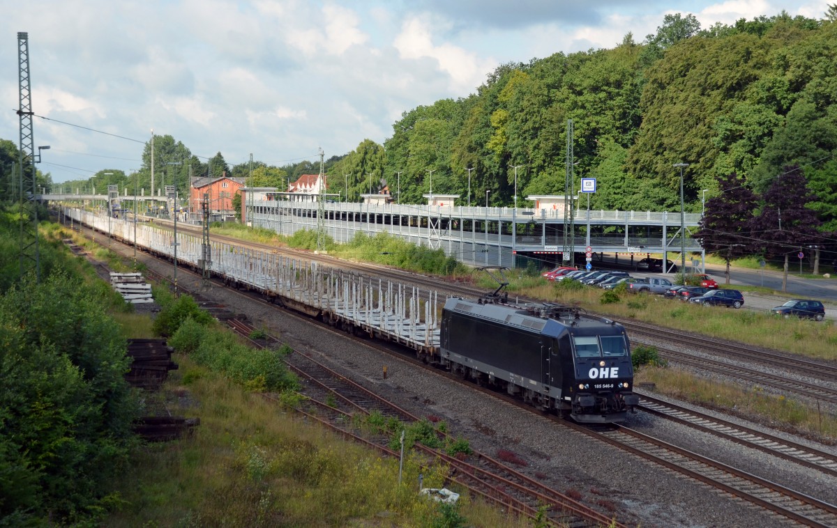 Ein Zug in schwarz/weiß. 185 546 zog am 02.07.14 einen leeren Holzzug durch Tostedt gen Hamburg. Ziel des Zuges soll Padborg gewesen sein.