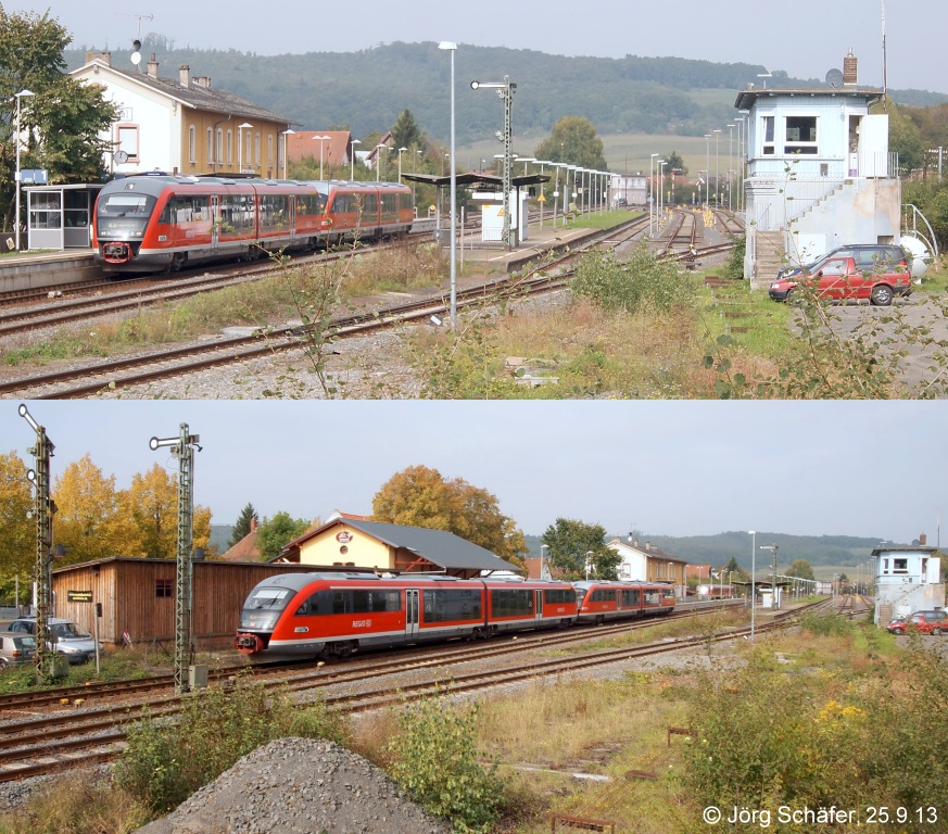 Eine 642-Doppeleinheit im Bahnhof Glauburg-Stockheim am 25.9.13: Whrend des 10-mintigen Aufenthalts kommt dort kein anderer Zug an. Mit Ausfahrt „auf Hp 2“ beginnt dann die Rckfahrt als RE nach Frankfurt Hbf. 

