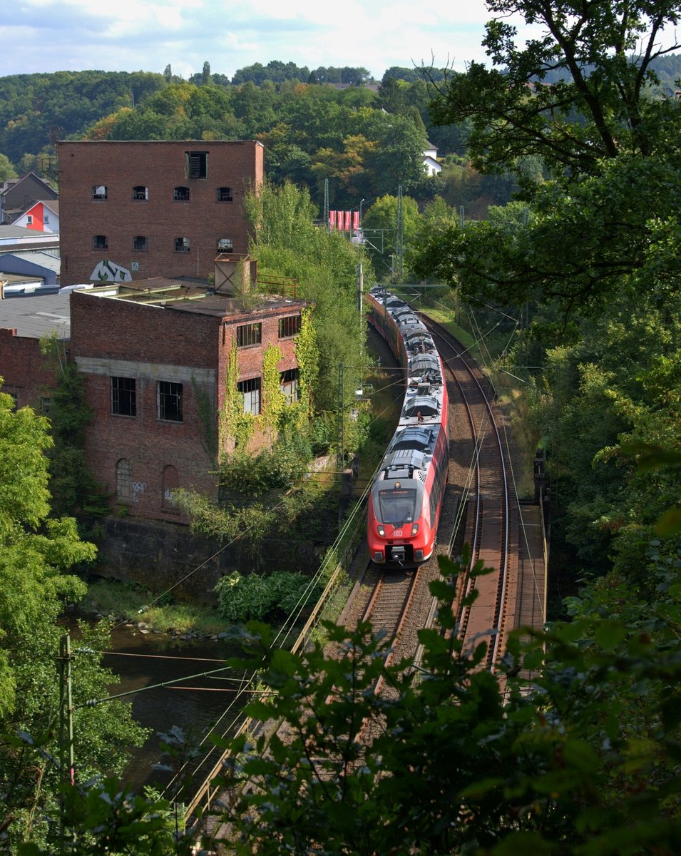 Eine Doppeleinheit der BR 442, angeführt von der DB Regio 442 254, überquert am 10.09.16 als RE 9 (10918)  Rhein-Sieg-Express  Siegen Hbf - Aachen Hbf die Sieg kurz vor der Einfahrt in den Mühleberg-Tunnel in Scheuerfeld.