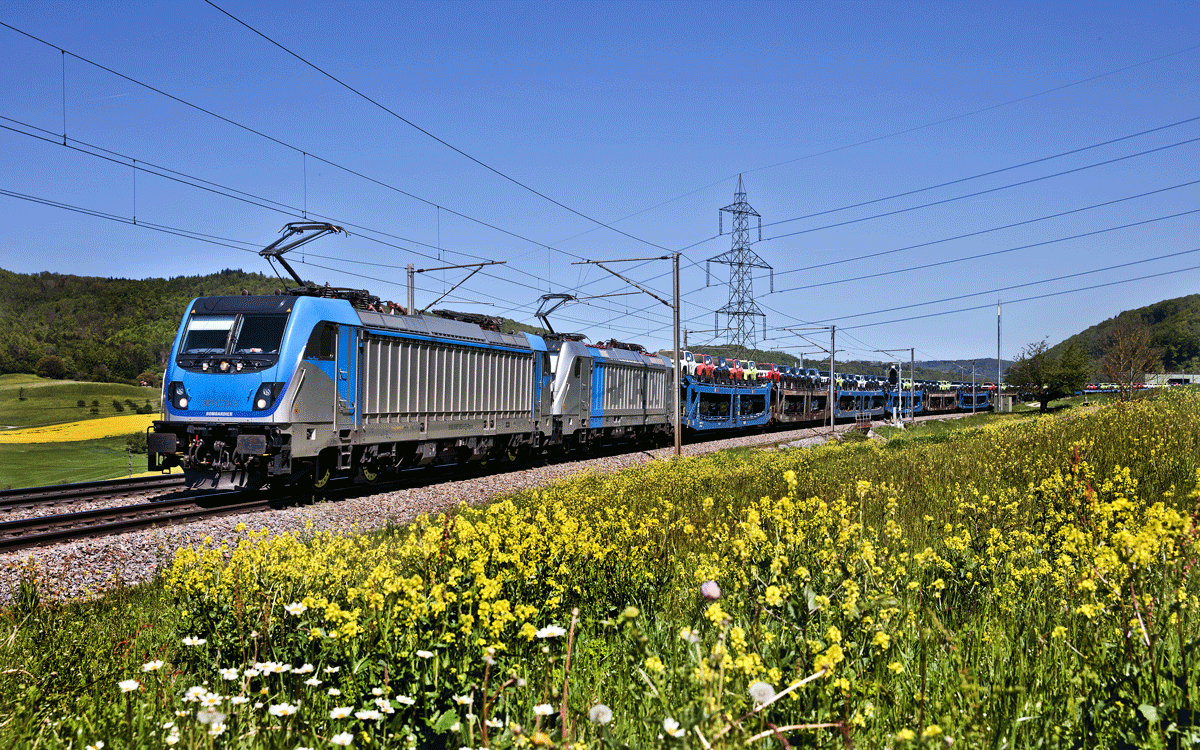 Eine Doppeltraktion der Loks 187 003-9 und der 187 009-6 Railpool donnert in Frick mit einem langen Autozug vorüber.Bild vom 10.5.2017