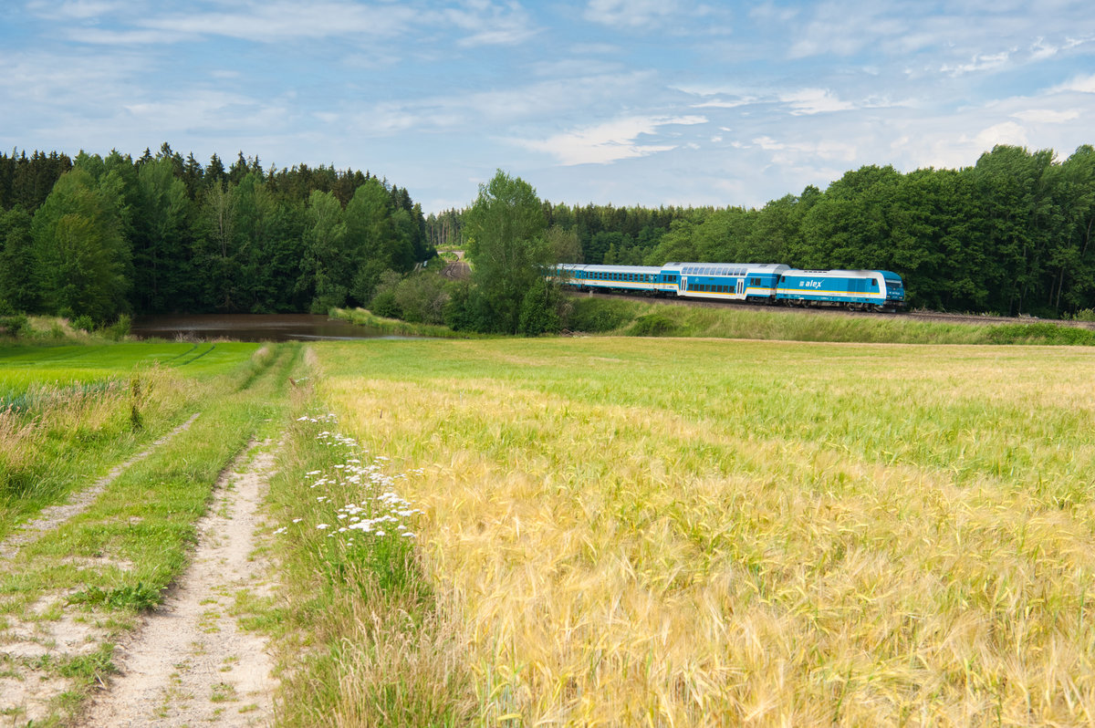 Eine unbekannt gebliebener ER20 der Länderbahn mit dem ALX 84104 von Hof Hbf nach München Hbf bei Oberteich, 17.06.2018