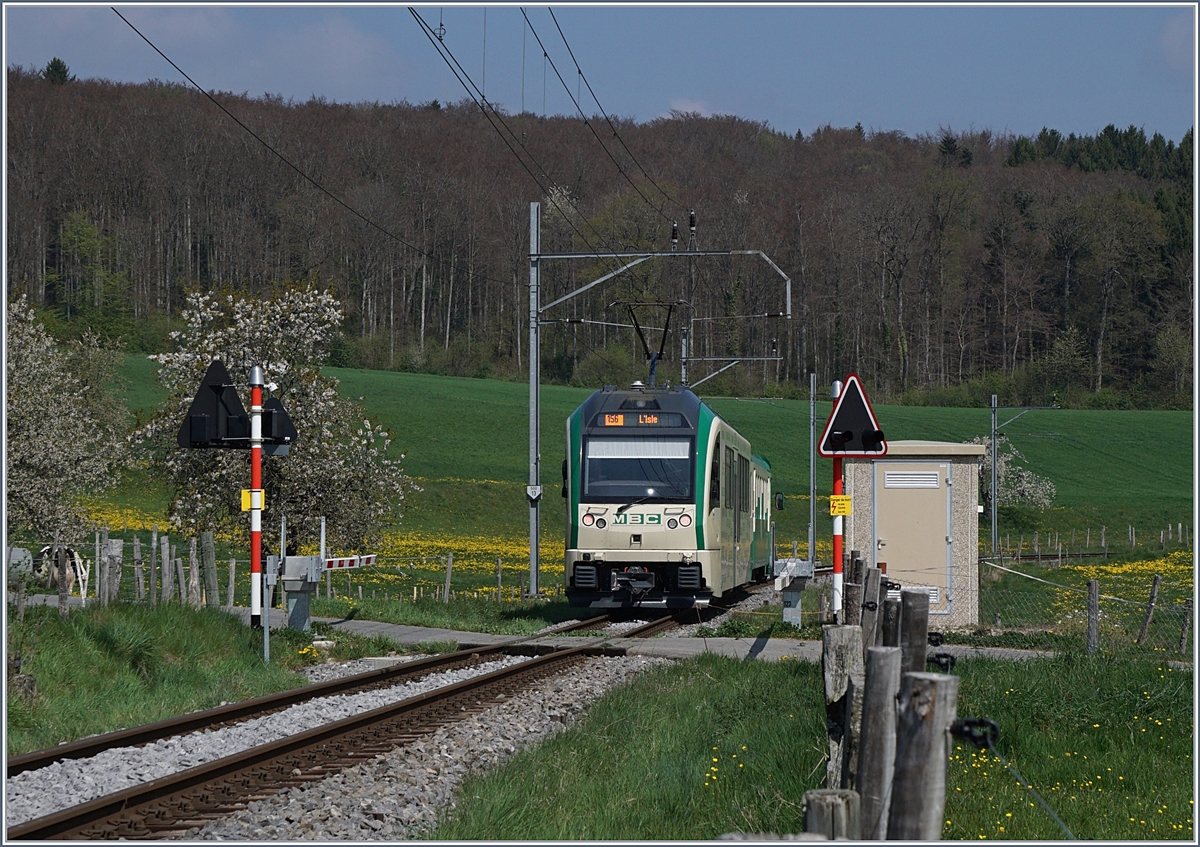 Eingerahmt von blühenden Bäumen und blicken Bahnübergang-Signals fährt ein BAM MBC Be 4/4 mit seinem Bt nach l'Isle.
Das Bild entstand bei Apples am 11. April 2017.