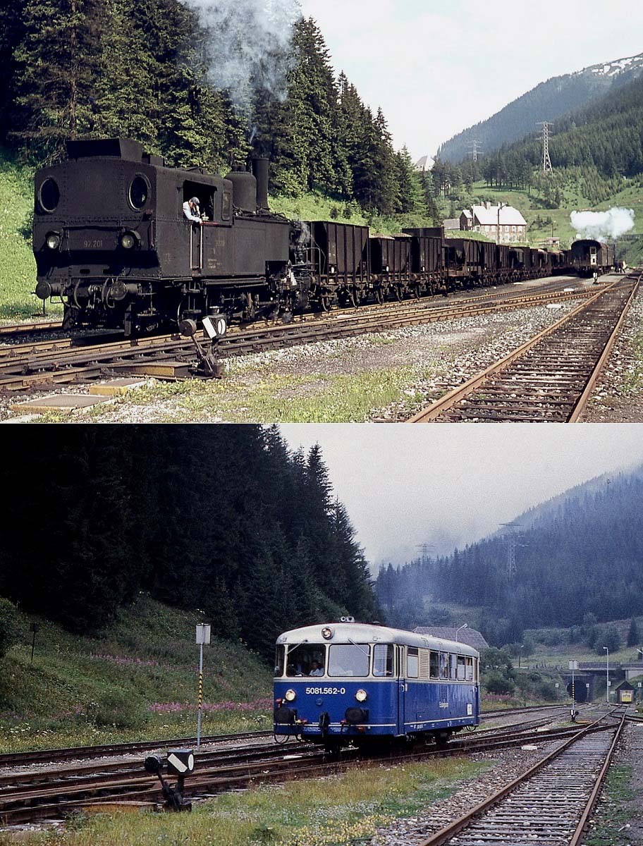 Einst und jetzt im Bahnhof Präbichl: Auf dem oberen Bild verlassen 97.201 und eine weitere nicht sichtbare 97 im Juni 1974 den Bahnhof in Richtung Vordernberg, auf dem unteren Foto fährt 5081.562-0 im September 1995 aus
