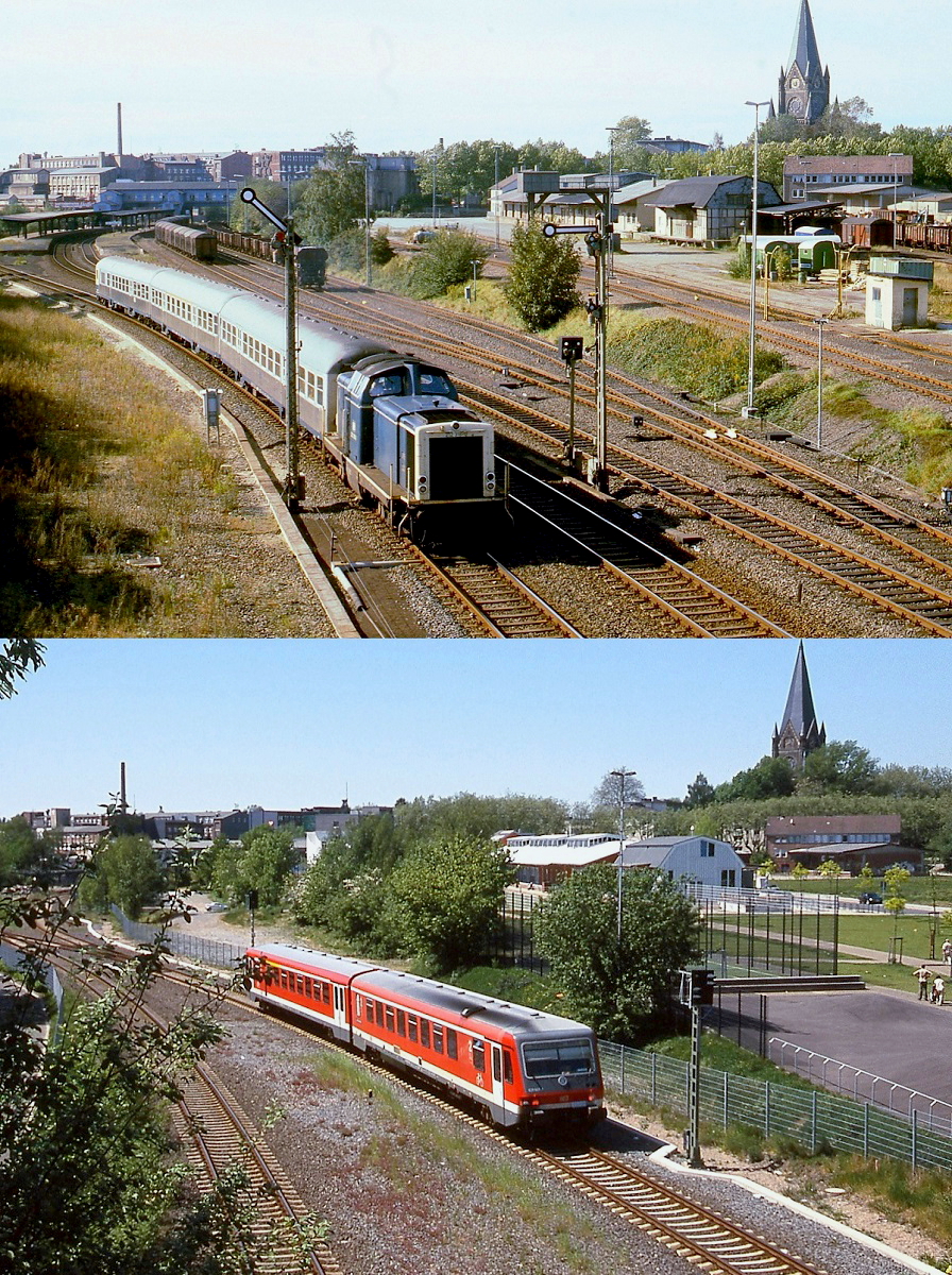 Einst und jetzt im Bergischen Land: Auf dem oberen Bild verlässt Mitte der 1980er Jahre 212 319-0 mit einem Nahverkehrszug nach Wuppertal den (damaligen) Solinger Hauptbahnhof, unten wurde im Sommer 2008 an gleicher Stelle ein 628 auf der Fahrt von Wuppertal-Oberbarmen nach Solingen Hauptbahnhof (neu) aufgenommen. Vieles hat sich in der Zwischenzeit verändert: Der frühere im Hintergrund sichtbare, abseits des Stadtzentrums gelegene Solinger Hauptbahnhof ist stillgelegt, die Züge halten seit 2006 etwas weiter östlich im Bahnhof Solingen Mitte, auch die umfangreichen Gleisanlagen sind verschwunden. Und den Namen Solingen Hauptbahnhof trägt inzwischen der an der Hauptstrecke von Wuppertal nach Köln gelegene frühere Bahnhof Solingen-Ohligs.