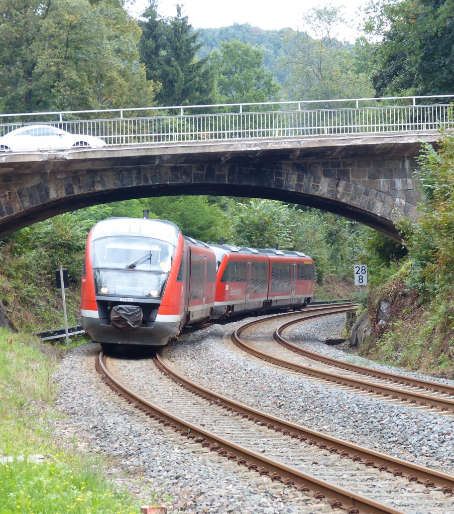 Erzgebirgsbahn 642 701 und 642 734 nach Zwickau(Hbf.)am 08.09.2013 bei der Einfahrt in den Haltepunkt Silberstrae.