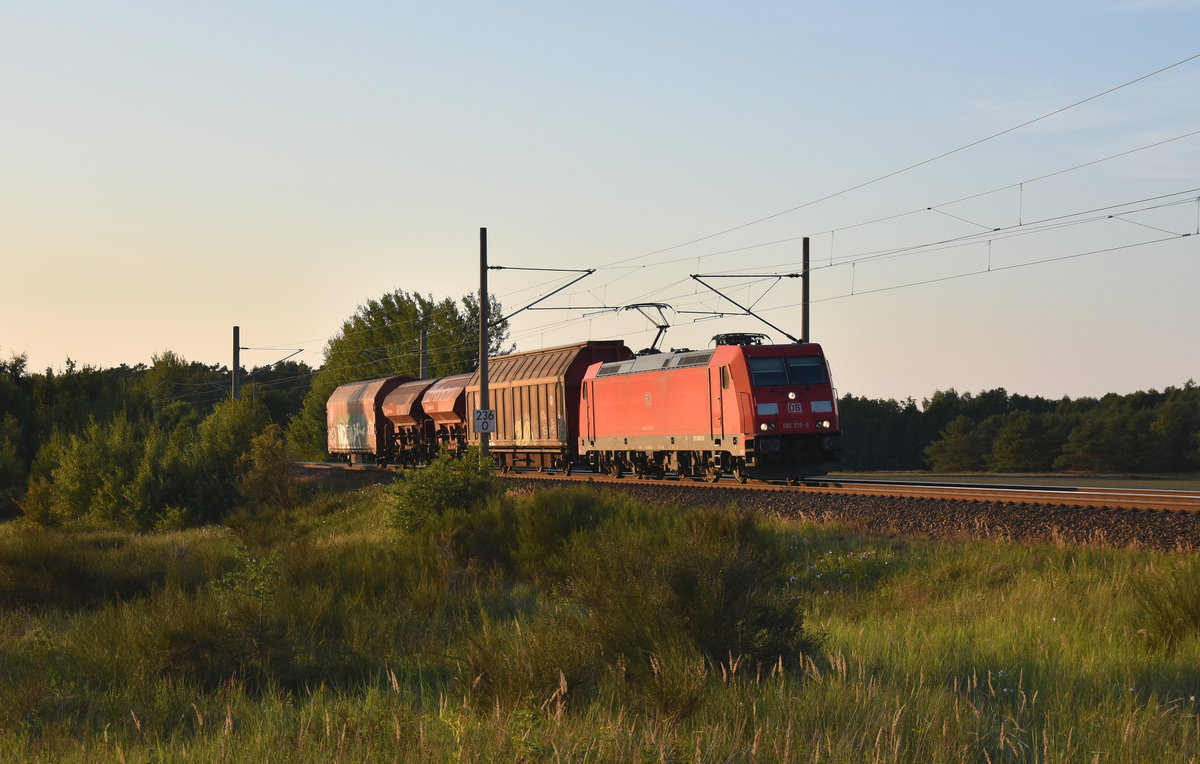 Es darf auch mal kurz sein. 185 315-9 der DB Cargo zog einen 4-teiligen (2 Schiebewandwagen und 2 mit Ammoniumnitrat beladenen Schüttgutwagen) Güterzug in Richtung Hagenower Land. 3km östlich von Büchen, 05.09.2018.