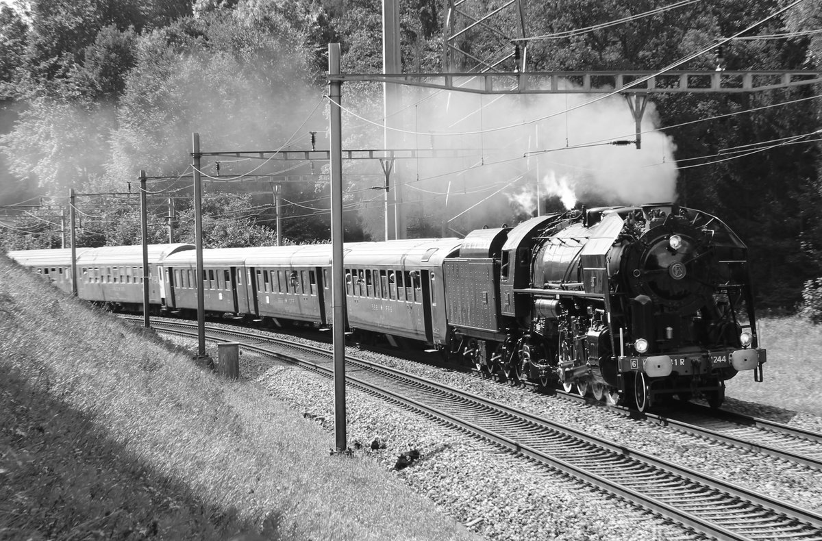 Es herrschte viel Verkehr auf der Teilbahnstrecke Bülach-Eglisau. Im Bahnnetz unterwegs, war auch die 141.R.1244 des Vereins Mikado am Sonntag, 20. August 2017 auf der dritten Lägernrundfahrt von den 5 Fahrten. Zischend dampfte die Dampflok mit dem Dampfsonderzug zwischen Glattfelden und Bülach dann weiter via Eglisau, Bad Zurzach, Koblenz und Turgi wieder zurück nach Baden. 
Bild in S/W