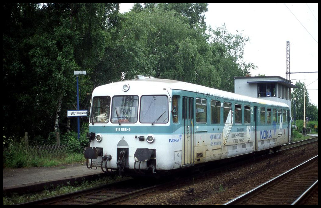 ETA 515556 mit Nokia Werbung hält hier aus Wanne Eickel kommend im Bahnhof Bochum-Nokia am 26.5.1995.