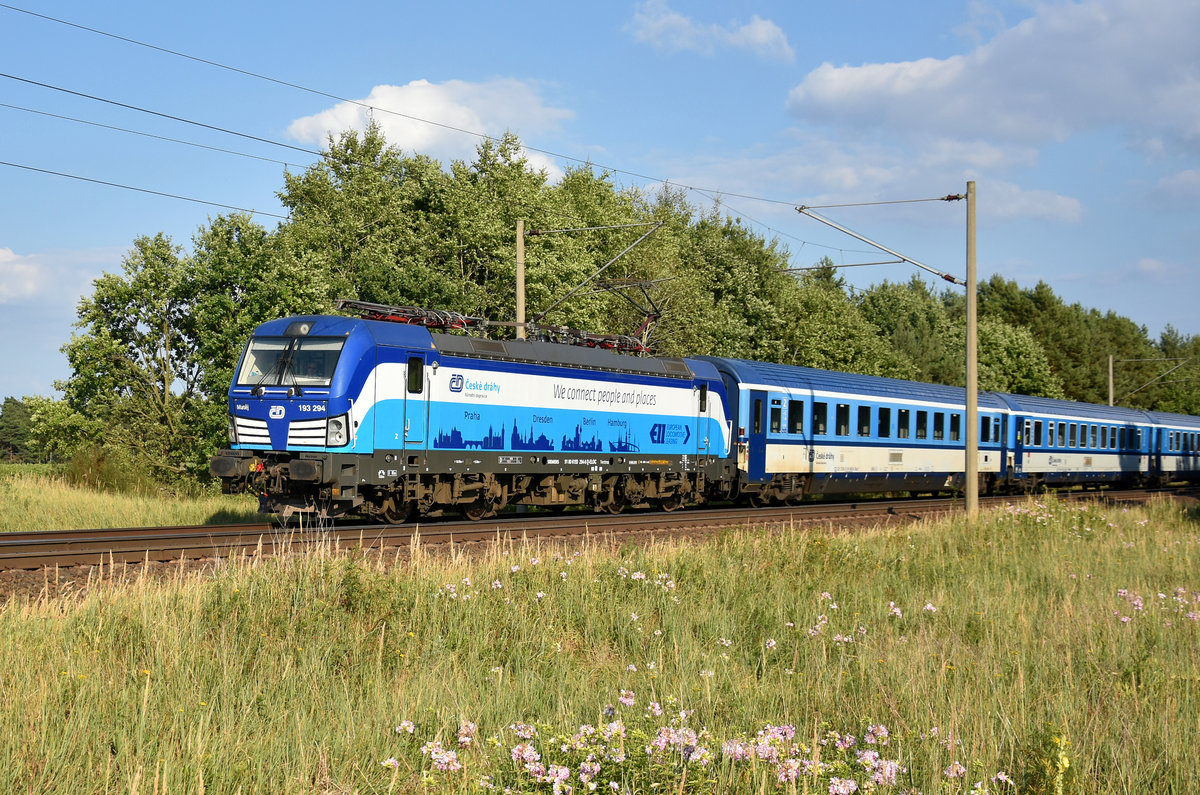 EuroCity mit der 193 294-6 in Front, kurz vor der Einfahrt am Bahnhof Büchen. 3km östlich von Büchen, 19.07.2018