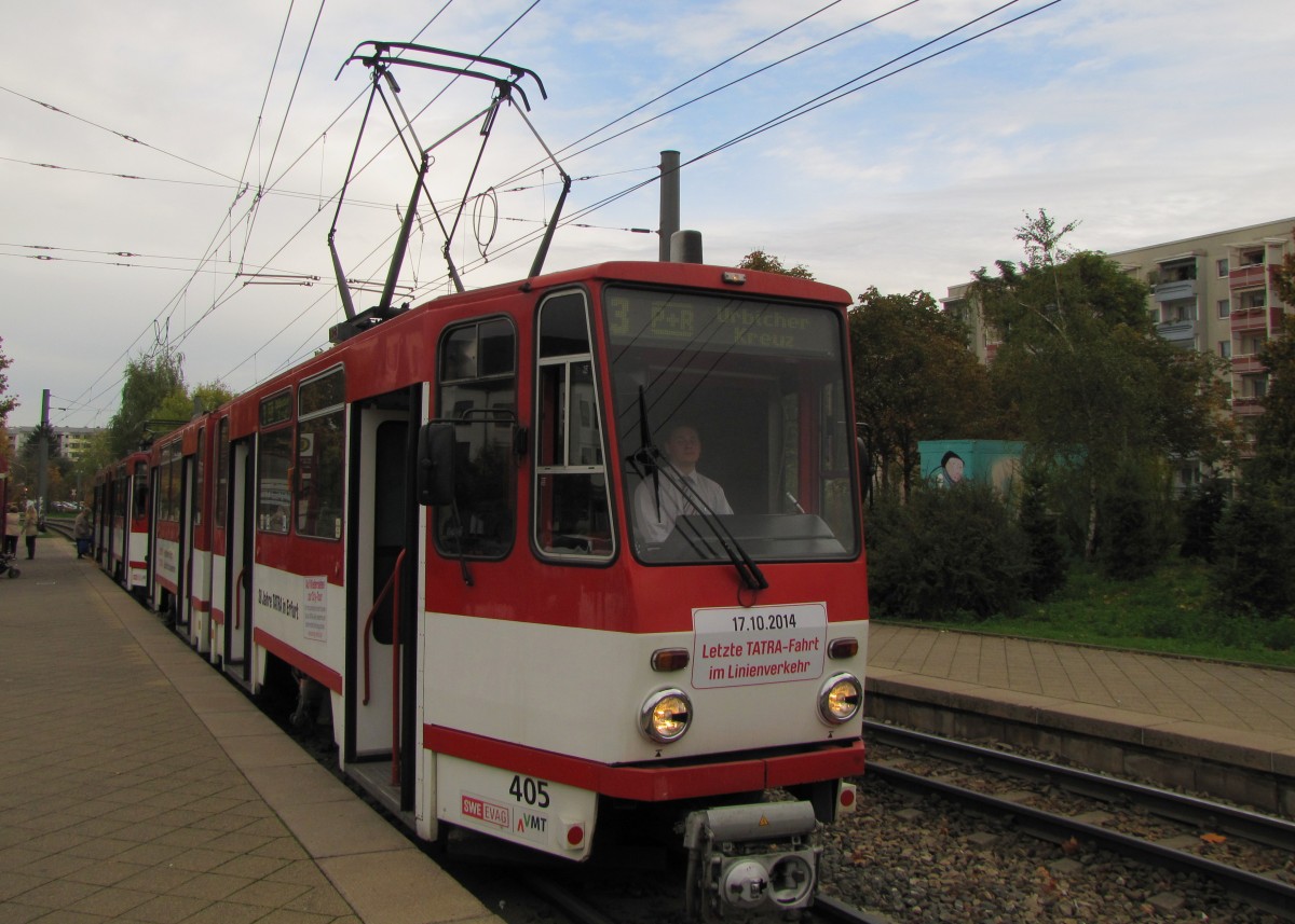 EVAG 405 + 495 am 17.10.2014, dem letzten Tag der KT4D im Erfurter Linienverkehr, als Linie 3 an EVAG 405 + 495 am 17.10.2014, dem letzten Tag der KT4D im Erfurter Linienverkehr, als Linie 3 an