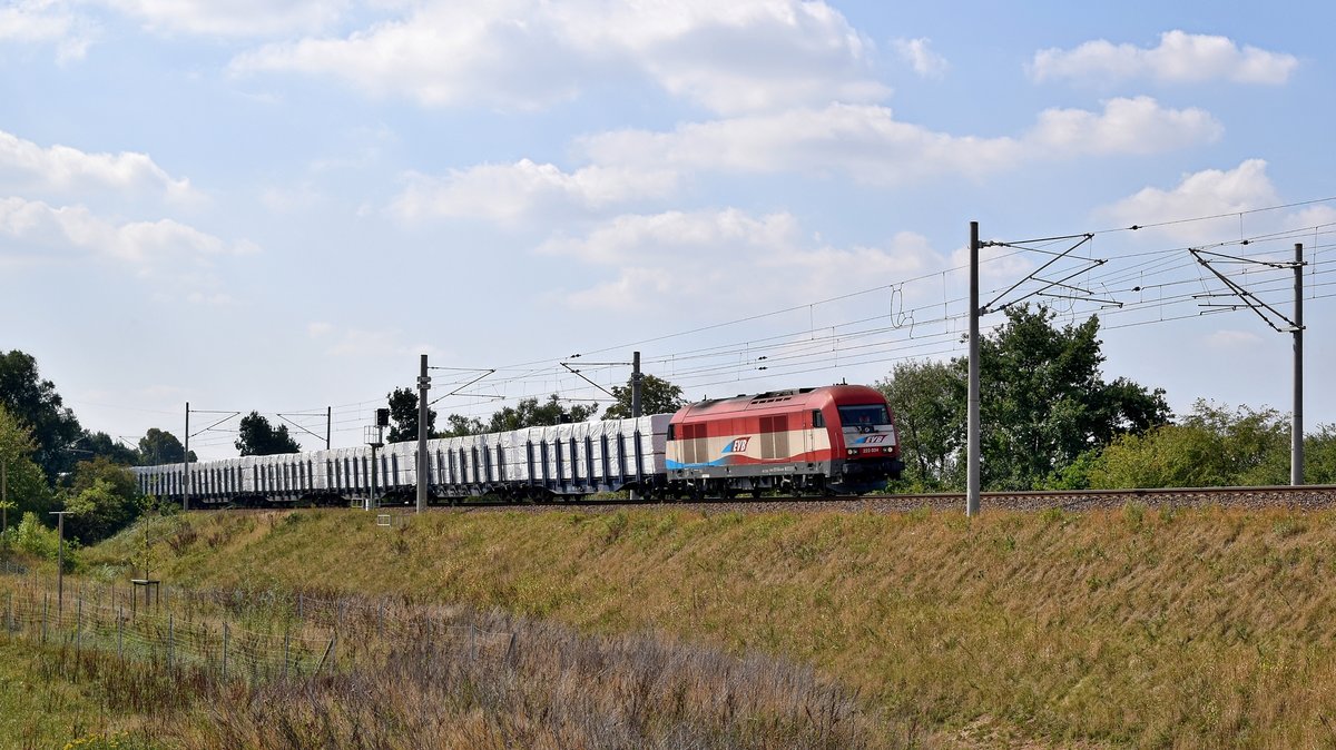 EVB 223 034 mit Holzzug in Richtung Bremen (Wahnebergen, 16.08.18).
