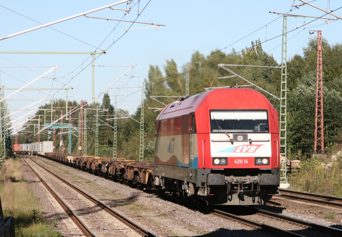 EVB 420 14 mit DGS 69086 (MWB, Bremerhaven–Bremen-Grolland) am 02.10.2013 in Stubben, aufgenommen vom Bahnsteigende