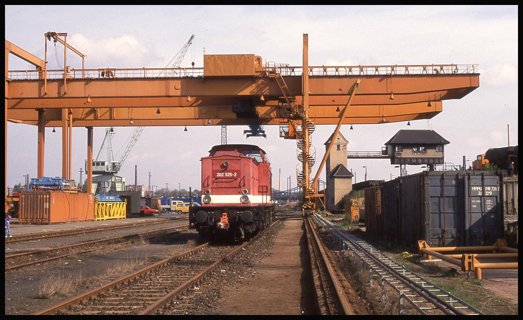 Fahrzeug Schau im Gbf Halle am 26.4.1992: DR 202525 unter Container Kran