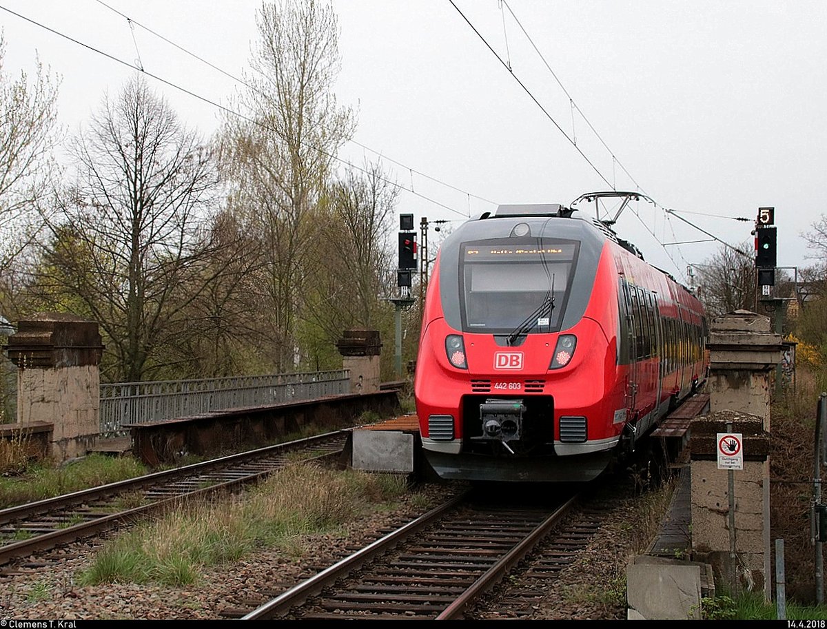 Fahrzeugwechsel auf der S7: Drei gebrauchte Hamster aus dem Rheinland...
Nachschuss auf 442 603 (Bombardier Talent 2) der S-Bahn Mitteldeutschland (DB Regio Südost) als S 37719 (S7) von Halle-Nietleben nach Halle(Saale)Hbf Gl. 13a, die den Hp Halle Rosengarten auf der Bahnstrecke Halle–Hann. Münden (KBS 590) verlässt. [14.4.2018 | 9:06 Uhr]