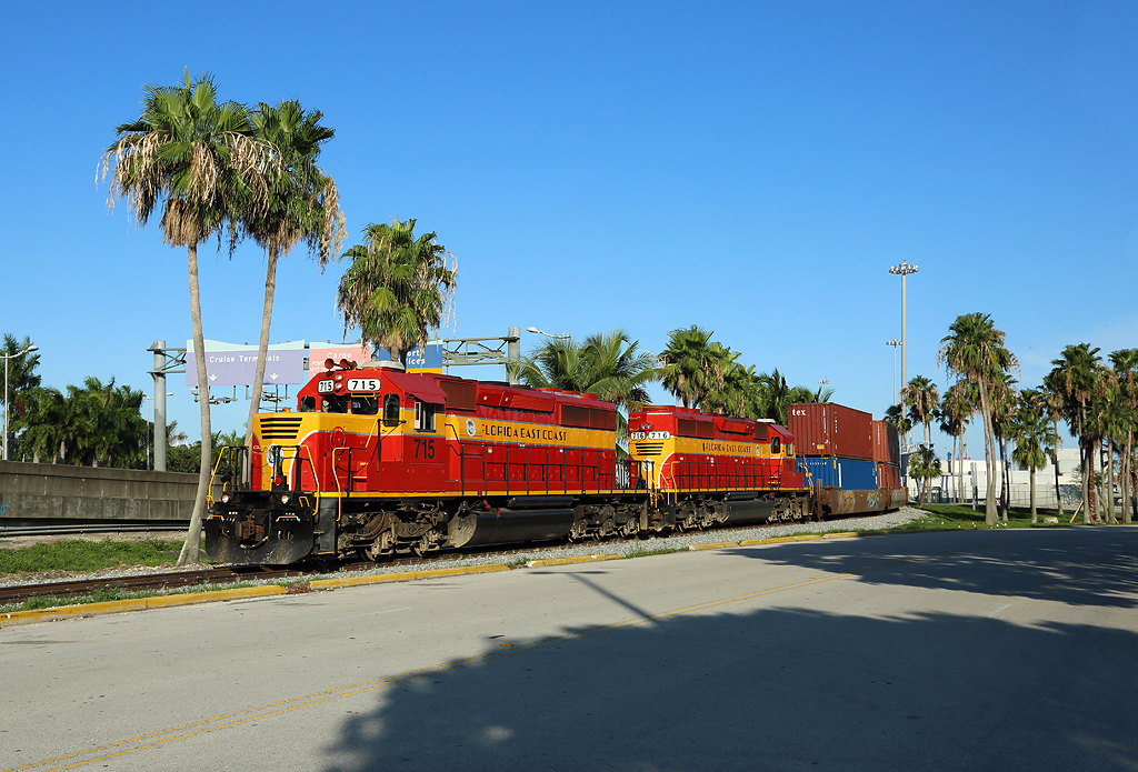 FEC 715 & 716 depart the Port of Miami with a double stack container train, 16 June 2016