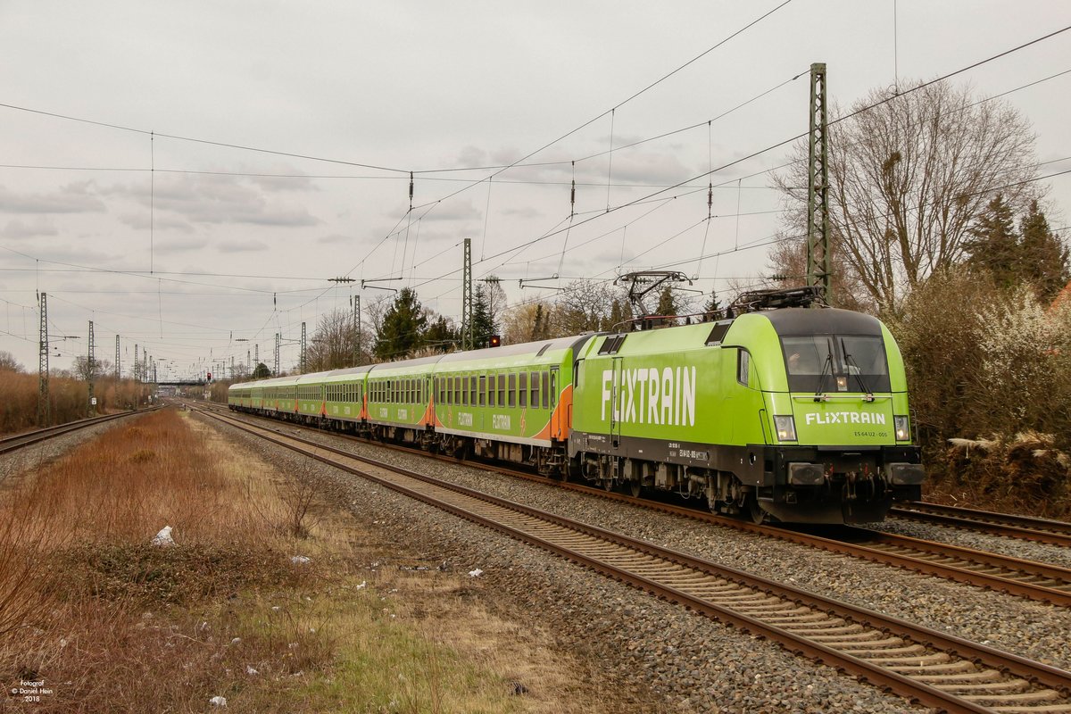 Flixtrain 182 505 in Düsseldorf-Angermund, am 30.03.2018.