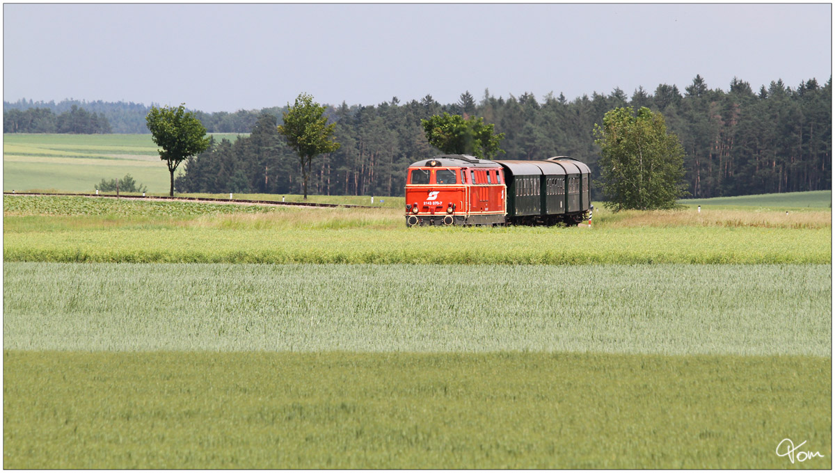 From Winequarter to Woodquarter :O) 
Durch die grünen Felder des Waldviertels, fährt die Diesellok 2143 070 mit dem Reblaus Express 16972 von Retz nach Drosendorf. 
Langau bei Geras 3.6.2018