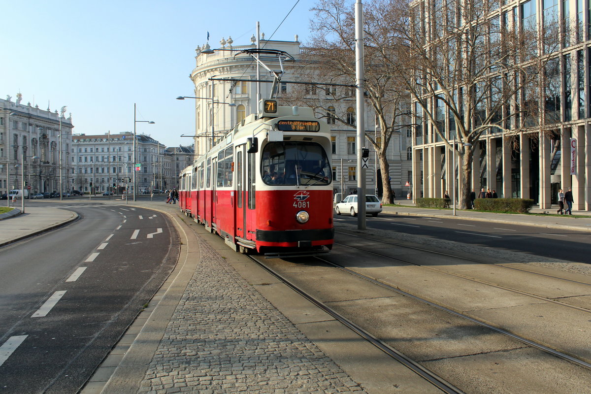 Früher - und kühler - Frühling in Wien - am 20. März 2016: Wiener Linien SL 71 (E2 4081) Landstraße, Rennweg / Am Heumarkt.
