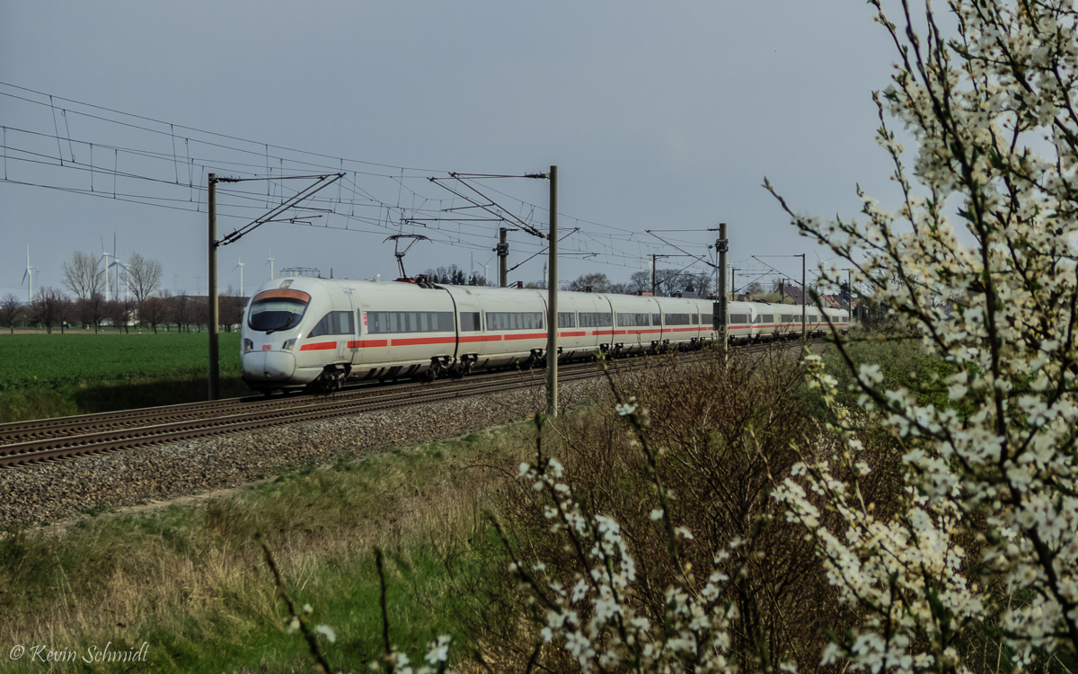 Frühlingserwachen bei Zschortau - ein doppelter ICE-T passiert die idyllische Szene zwischen Leipzig und Bitterfeld auf seiner Fahrt als ICE 1588 von München nach Hamburg. (09.04.2016)