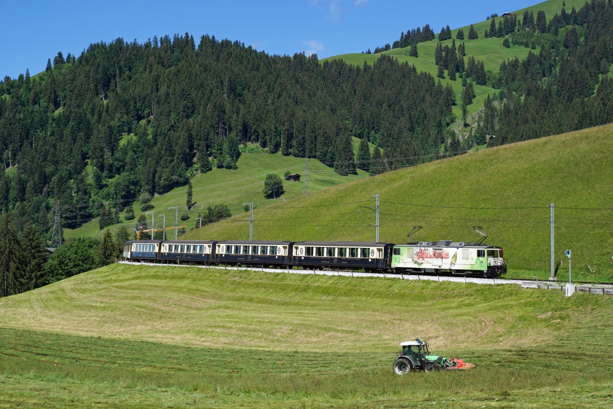 GDe 4/4 6006 hat mit dem GoldenPass Classic am 03.07.2016 Schönried verlassen und rollt nun talwärts Richtung Gruben.