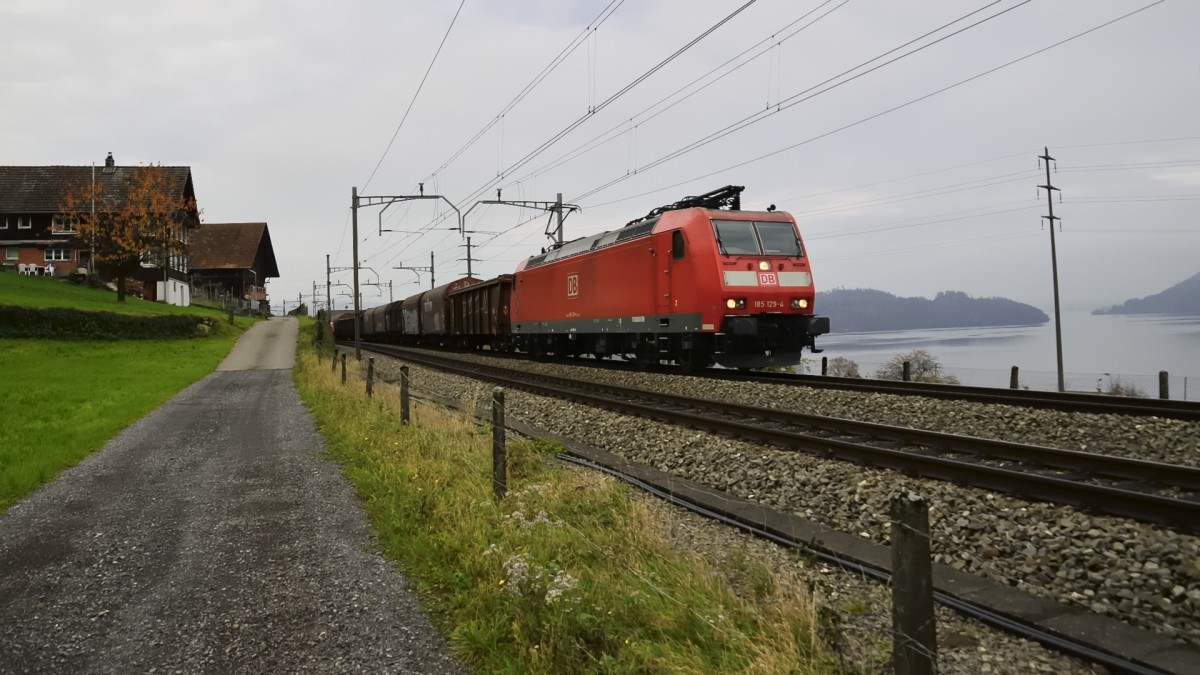 Gemischter Güterzug mit einer 185 129-4 der DB bei Immensee (CH) in Richtung Süden