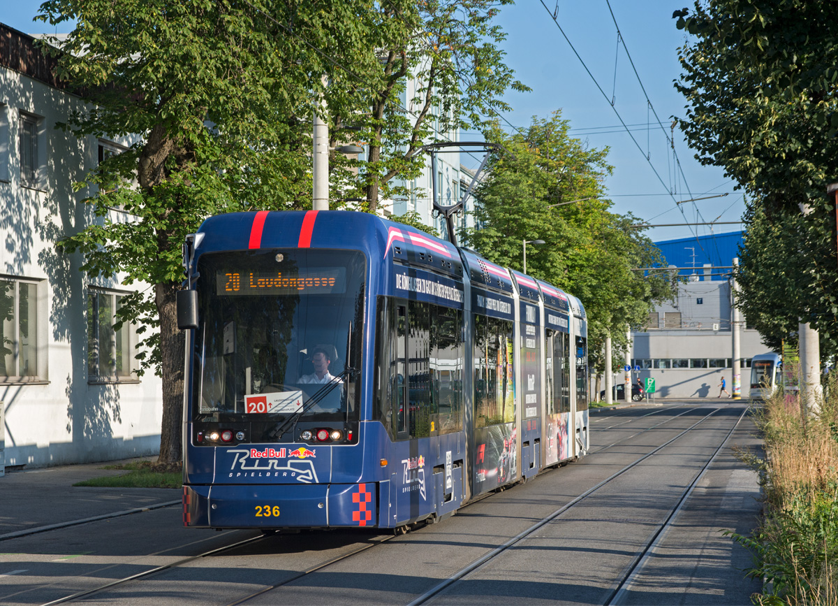 Graz 

Graz Linien Variobahn 236  Red Bull Racing  als Linie 20 in der Asperngasse, 12.07.2018. 
