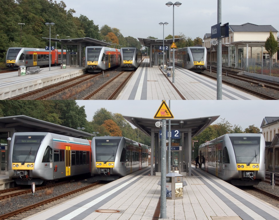 GTW-Teffen in Nidda: Die Triebwagen von und nach Friedberg halten am linken Bahnsteig und die Triebwagen der Linie Gieen - Gelnhausen am rechten. Die Fahrgste mssen daher beim Ein-, Aus- und Umsteigen immer Treppen laufen.
