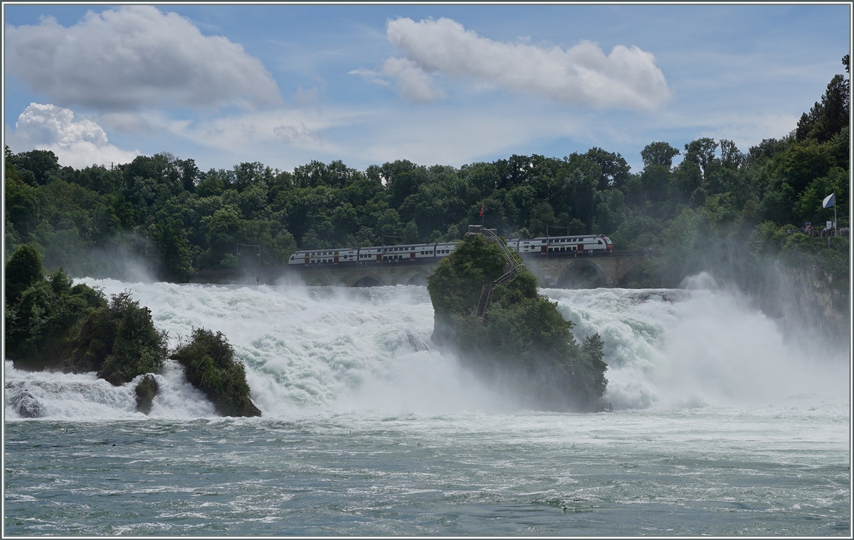 Hätte es nicht so geregnet, würde der Rheinfall auch nicht so stieben und man könnte den SBB RABe 514 in seiner ganzen Schönheit sehen, so aber ist es  nur  ein Rheinfall-Stimmungsbild.
19. Juni 2016